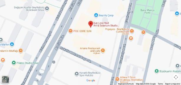 Sun Love konumunu gösteren harita: Beycity Çarşı, Atatürk Bulvarı ve Cumhuriyet Caddesi arası