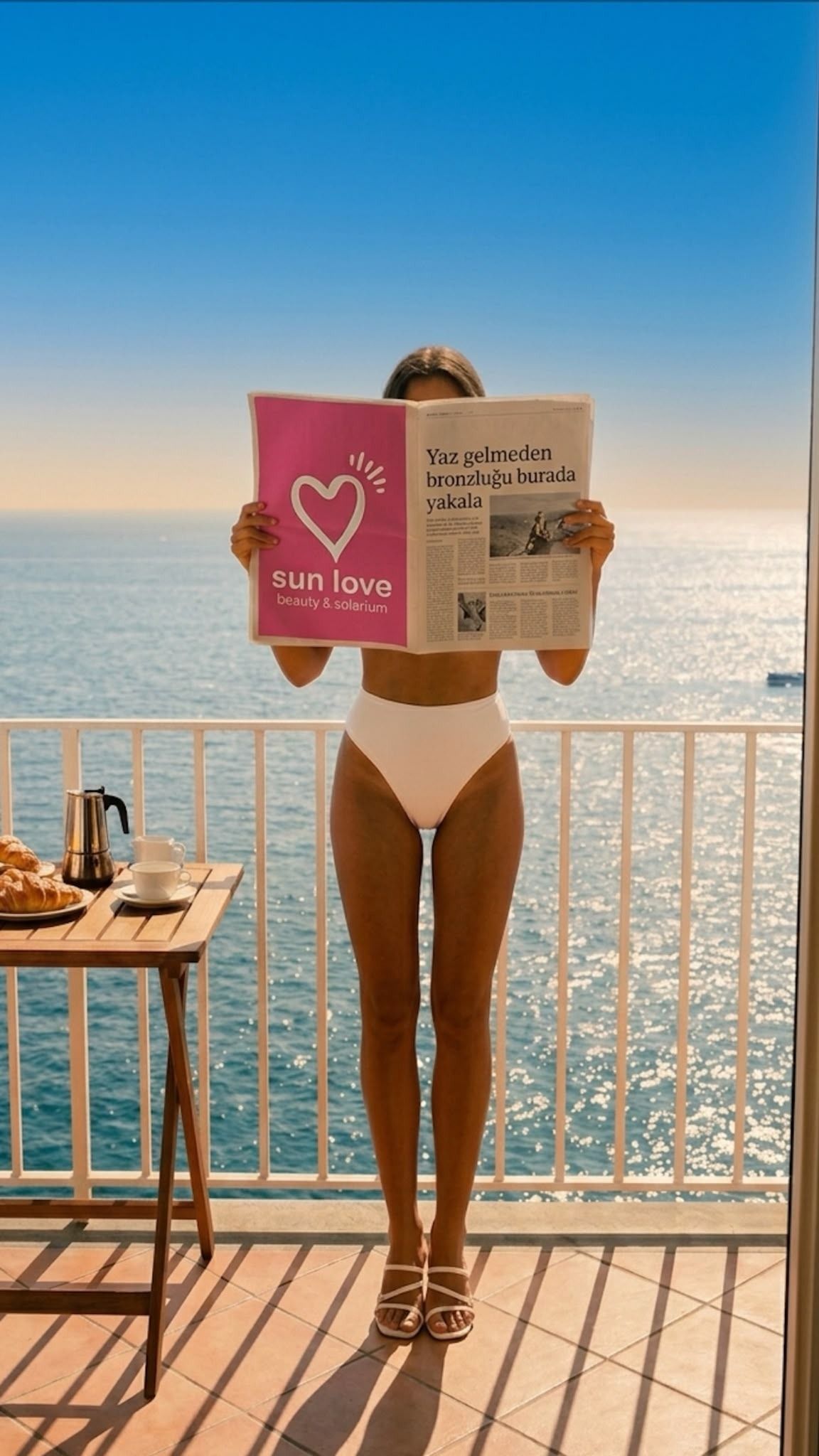 Balkonda, Sun Love logolu gazete okuyan bronz tenli kadın